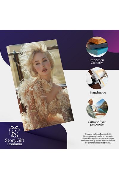 StoryGift Romania Tablou Canvas: Doamna Cu Ochii Verzi Si Buze Mari Cu Par Blond In Rochie Cu Franjuri Si Spranc