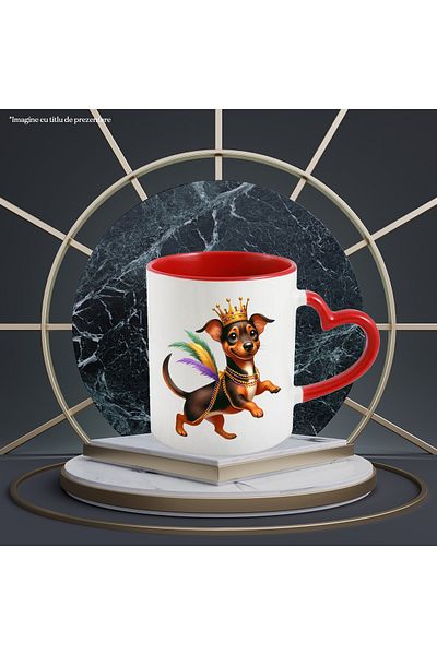 StoryGift Romania Cana cu un catel Dachshund, ilustratie, vesel, danseaza, acrobatii, circ, pene, , Cu Maner Inim STG