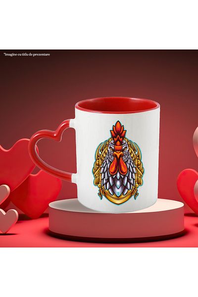 StoryGift Romania Mug With Rooster, Abstract, Bird, Feathers, Multicolor 330 ml, Ceramic with Heart Handle, With ,STG.
