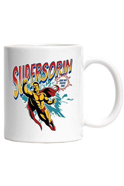 StoryGift Romania Cana Cu Barbat Puternic In Zbor Super Erou Costum Desene Animate Text Super Sori, Cu Maner Alb Stg