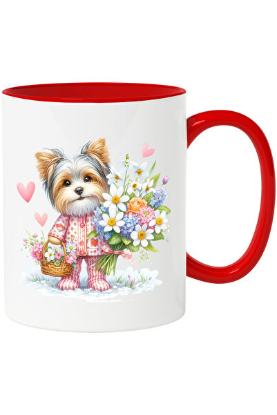 StoryGift Romania Cana Cu Un Catel Blanos Care Tine Un Buchet Cu Flori | Ilus...