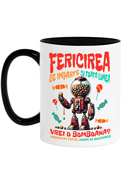 StoryGift Romania Cana Fericirea Se Imparte Cu Toata Lumea - Vrei O Bomboana, 330ml, Ceramica Cu M, Cu Maner Negru Stg