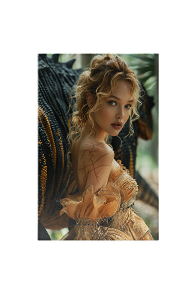 StoryGift Romania Tablou Canvas Blonda Cu Ochii Albastri Langa Prietenul Ei Dinozaur Negru Cu Galben, Cu Semn Mi