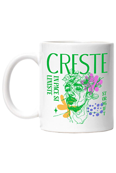 StoryGift Romania Cana Cu Chip Uman Flori Colorate Text Creste In Pace Si Lin...