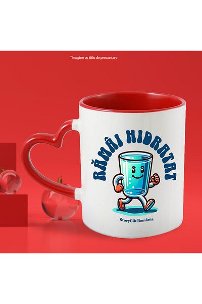 StoryGift Romania Cana Ramai Hidratat Pahar Cu Apa Mergator Zambet Lichide, 330ml, Ceramica Cu Man, Cu Maner Inim Stg