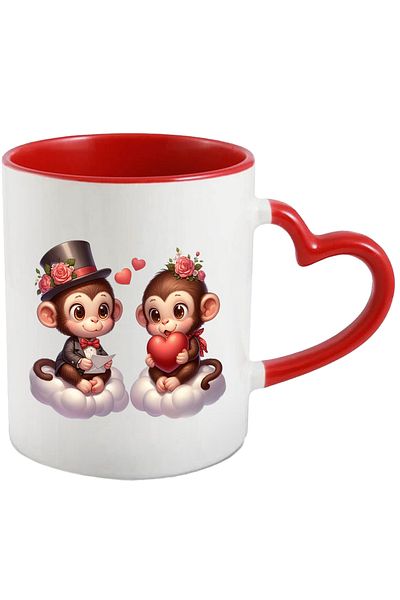 StoryGift Romania Cana Cu 2 Maimute Care Stau Pe Norisori | Ilustratie | Flori | Inimioare | Scris, Cu Maner Inim Stg