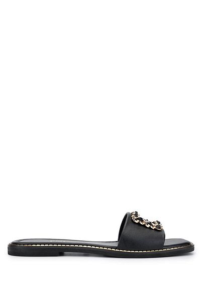Tamer Tanca Women's Genuine Leather Black Leather Flat Slippers