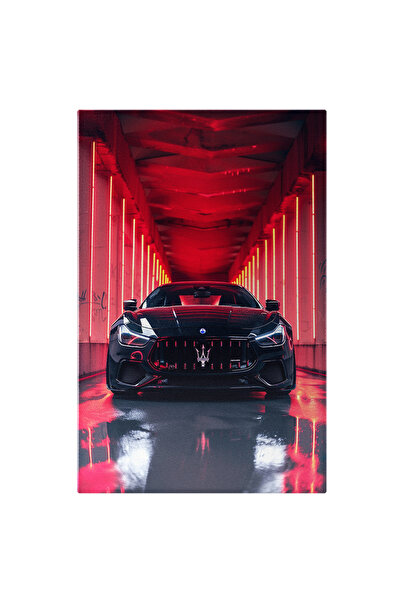 StoryGift Romania Tablou Canvas Autoturism Negru Maserati Sclipitoare Cu Farurile Puternice Langa Peretii Cu Led