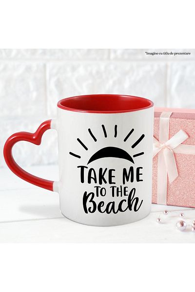 StoryGift Romania Mug with the sun and the message "Take me to the beach" - take her to the beach with Heart Handle, With ,STG.