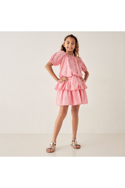 Juniors All-Over Embroidered Top and Tiered Skirt Set