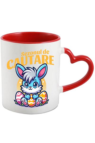 StoryGift Romania Cana Cu Iepure Albastru Cu Freza Si Oua Colorate De Paste Text Sezonul De Cautar, Cu Maner Inim Stg