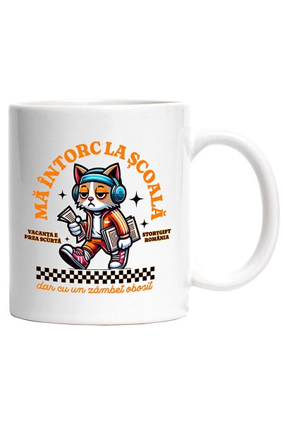 StoryGift Romania Cana Pisica Obosita Motan Cool Ma Intorc La Scoala, 330ml, Ceramic Cu Maner Alb, Cu Maner Alb Stg