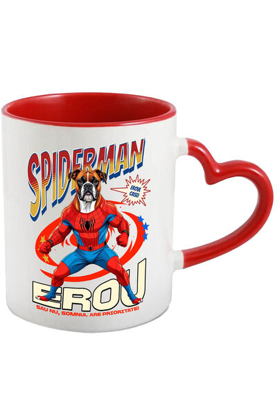 StoryGift Romania Cana Cu Boxer Caine In Costum De Spiderman Cu Pelerina, Erou Nocturn, Desene Ani, Cu Maner Inim Stg