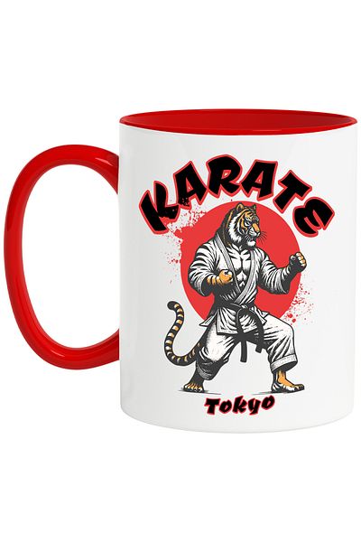 StoryGift Romania Karate Tiger Mug. Tokyo Martial Arts Sport, 330ml, Ceramic With Red Handle, With Red Handle Left,