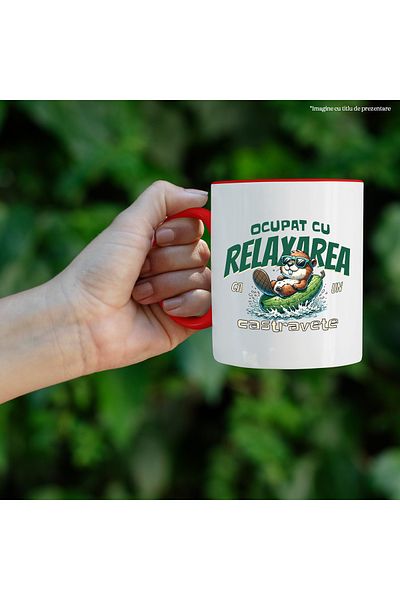 StoryGift Romania Mug busy relaxing like a cucumber, 330ml, Ceramic with Red Handle, With Red Handle, STG.