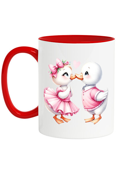 StoryGift Romania Cana Cu O Rata Si Un Ratoi Care Se Saruta | Ilustratie | Apropiere | Relatie | P, Cu Maner Rosu Stg