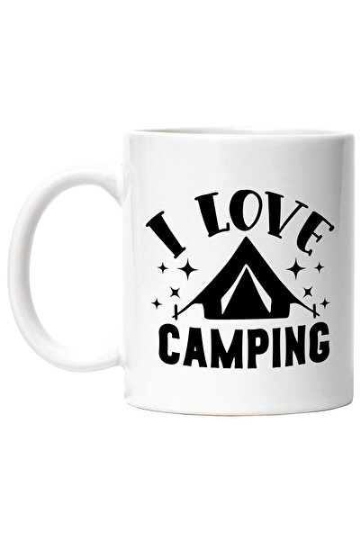 StoryGift Romania Cana Cu Un Cort Si Stelute Cu Mesajul "i Love Camping" - Iubesc Camping-ul/tabar, Cu Maner Alb Stg