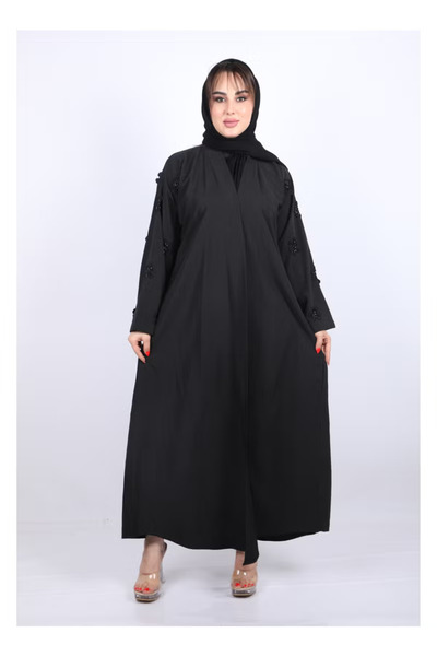 FULLJOY عباية طويلة ذات أناقة عصرية بأكمام طويلة مزينةبخرز مع طرحة ,أسود
