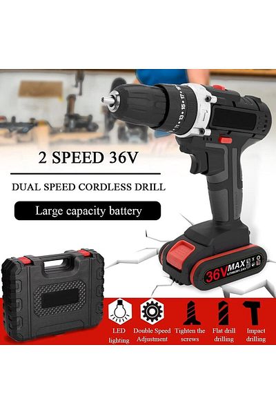 Saharaz 36V Electric Cordless Impact Drill Set,1200w With Double Speed Control,2 Batteries,for Home DIY