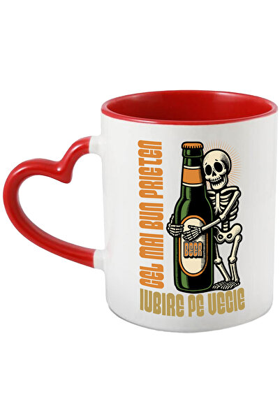 StoryGift Romania Cana Schelete Si Sticla De Bere Cei Mai Buni Prieteni, 330ml, Ceramica Cu Maner , Cu Maner Inim Stg