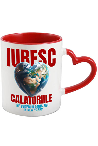 StoryGift Romania Cana Cu Glob Pamantesc In Forma De Inima Text Iubesc Calatoriile Ne Vedem In Par, Cu Maner Inim Stg