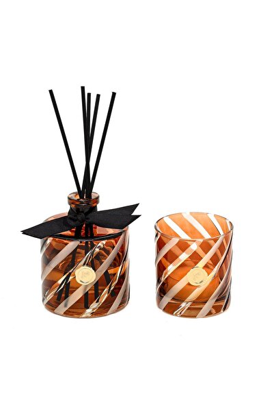 Missi Kahverengi Spiral Kesme Cam Dark Amber Oda Kokusu ve Mumluk Seti