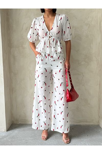Miss Allos Women's Floral Patterned Linen Trousers with Tie Front
