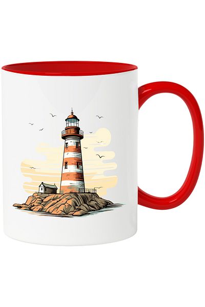 StoryGift Romania Cana cu un far | ilustratie | mare | apa | control | pasari | apus | arta vector, Cu Maner Rosu STG