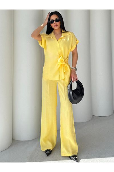 QİMYA BUTİK Egzoti̇k Asortik Women's Slim Double Set with Short Sleeve Shirt and Trousers with Tucked Waist