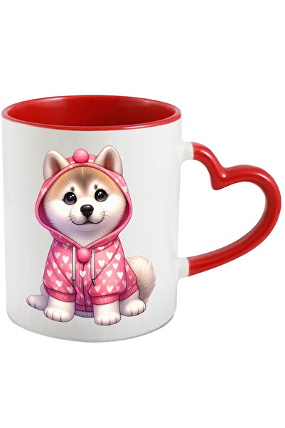 StoryGift Romania Cana Cu Un Catel Akita Inu Care Poarta Un Hanorac Cu Inimio...