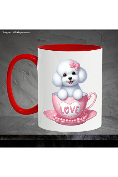 StoryGift Romania Mug with a white puppy | furry | illustration | sitting in a cup | bow | Valen, Cu,STG