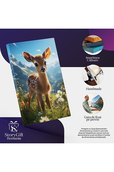 StoryGift Romania Tablou Canvas: Bambi Caprioara Draguta Cu Chipul Luminat Si Urechile Lungi In Campul Cu Flori