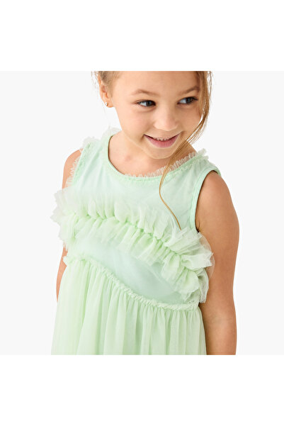 Juniors Mesh Textured Sleeveless Dress With Round Neck And Button Closure