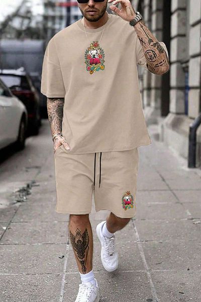 MELADYAN Boxer Dog Printed Beige T-Shirt Beige Shorts Top Bottom Set