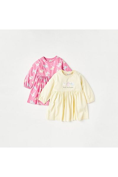 Juniors Cat Print A-Line Dress With Long Sleeves And Round Neck - Set Of 2