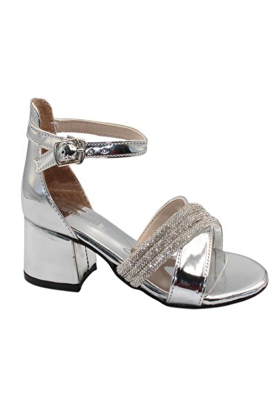 Celira Sandale cu toc pentru fete din piele lacuita argintie