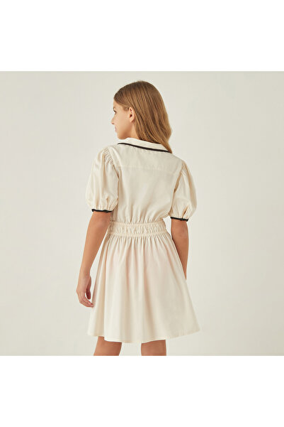 Juniors Solid Collared Dress With Short Puff Sleeves And Piping Detail