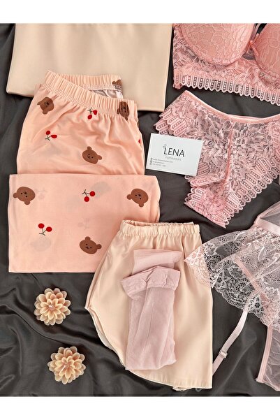 Lena Homewears Somon Saten Kutulu 10 Parça Dev Pijama Gecelik Sabahlık Iç Giyim Çeyiz Seti