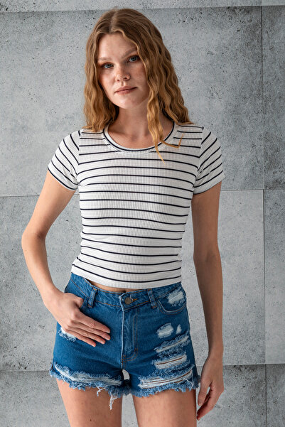 GİYSA Жіночий велосипедний комір з короткими рукавами, смугастий боді, темно-синій - 25506