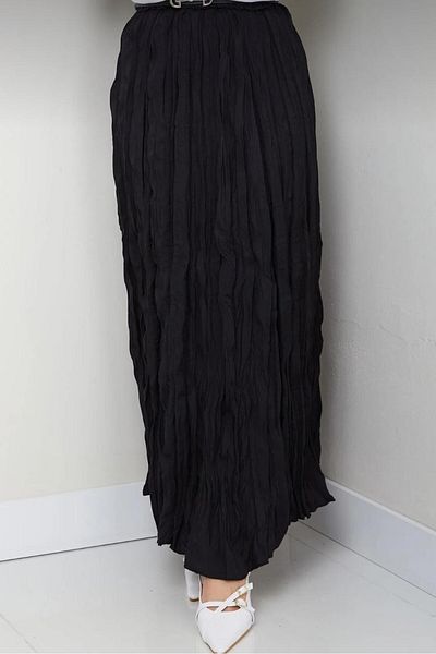 Mrs.idea Women's Crinkled Long Flared Black Hijab Skirt