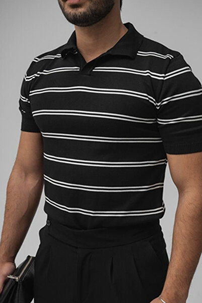 Tarz Cool Ανδρικό μαύρο μπλουζάκι με παράλληλο γιακά πόλο