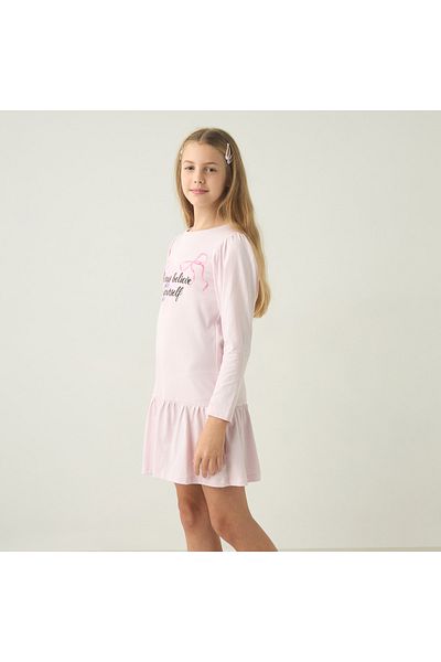 Juniors Slogan Print Drop Waist Dress With Long Sleeves