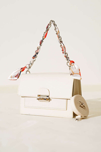 Jagu Women's Hand and Shoulder Bag with Scarf Cream Multi-Compartment Wallet