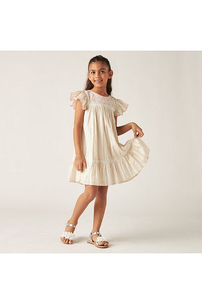 ELIGO Striped Dress With Embroidered And Smocked Detail