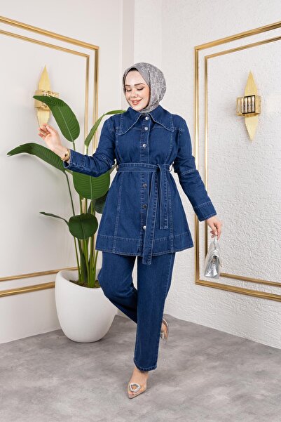 HARMAN BUTİK Women's Buttoned Belted 2-Piece Denim Set