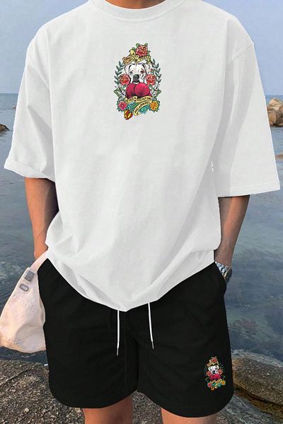 MELADYAN Boxer Dog Printed White T-Shirt Black Shorts Bottom Top Set