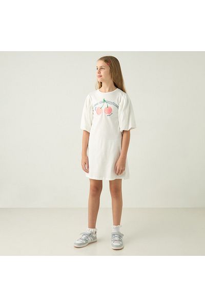 Juniors Slogan Print Round Neck Dress With Balloon Sleeves