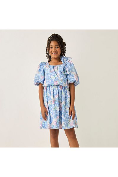 Juniors All-Over Floral Print Bow Applique A-Line Dress With Square Neck And Short Puff Sleeves