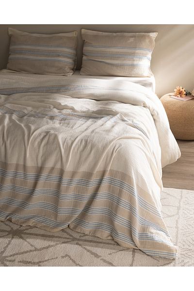 Madame Coco Sheryl Double Muslin Yarn Dyed Elastic Duvet Cover Set - Blue/Beige