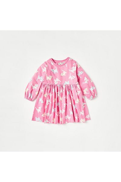 Juniors Cat Print A-Line Dress With Long Sleeves And Round Neck - Set Of 2